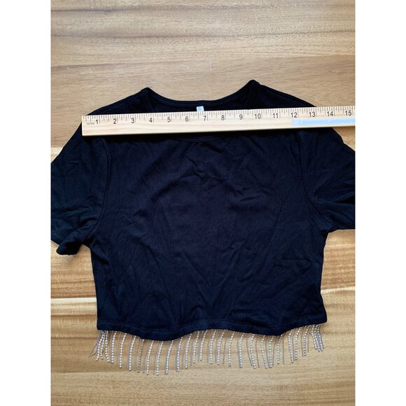 Juniors Slim Fit Black Cropped T-Shirt With Rhinestone Fringe Size Small - Picture 5 of 10